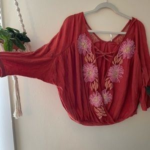 free people embroidered floral cross front top